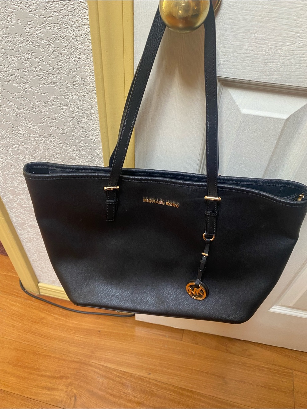 Michael Kors Black Saffiano Tote with Gold MK Charm